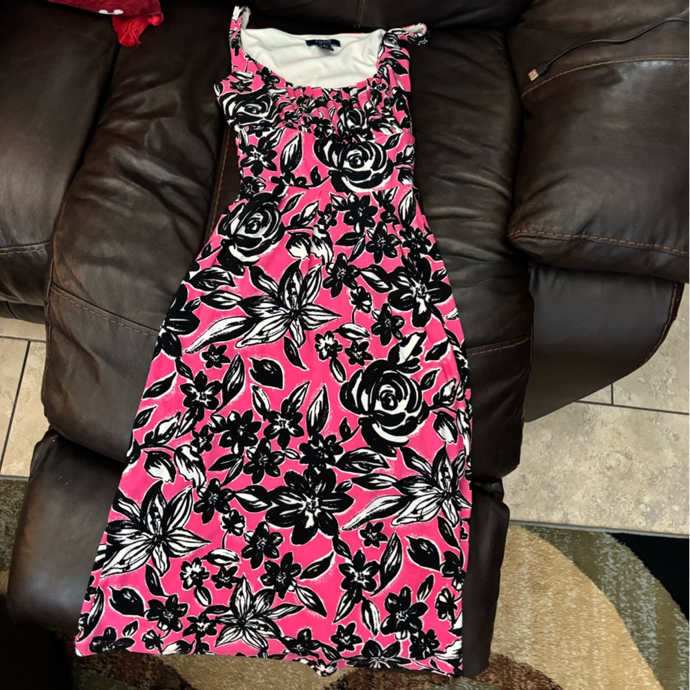 Chaps Pink and Black Floral Midi Dress